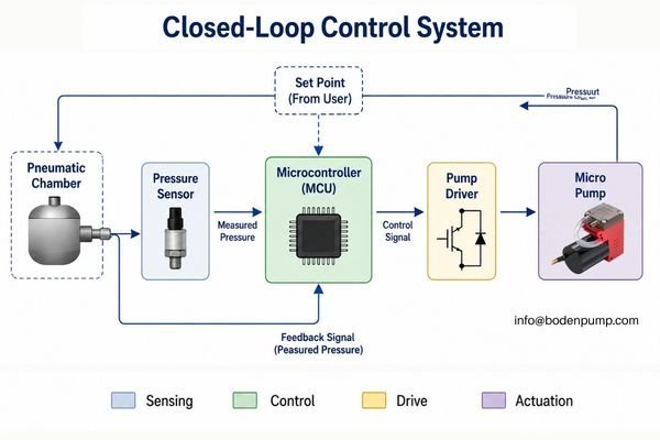 A block diagram of a closed-loop system with a pressure sensor, MCU, and pump