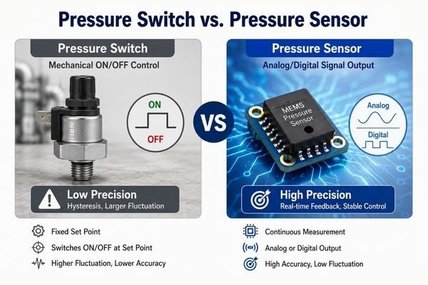 A side-by-side comparison of a pressure switch and a pressure sensor