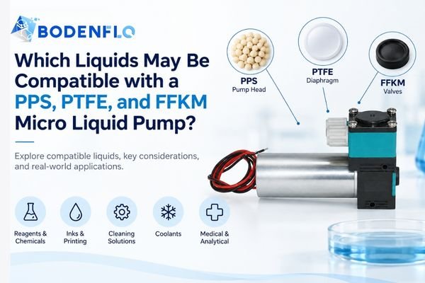 PPS PTFE FFKM micro liquid pump with chemical-resistant wetted materials for inks, reagents, cleaning solutions, and coolants