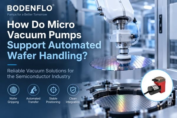 Semiconductor wafer handling vacuum pump application showing a robotic vacuum gripper lifting a silicon wafer in an automated cleanroom system