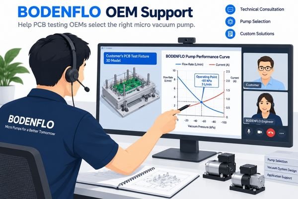 A photograph showing a BODENFLO engineer on a video call, reviewing a customer's fixture CAD model and a pump performance curve.