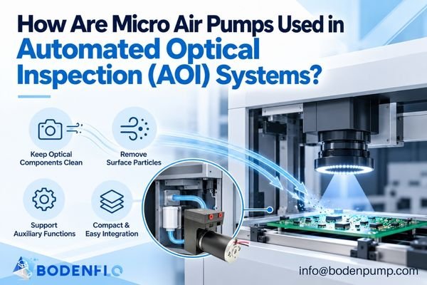Micro air pump applications in automated optical inspection (AOI) systems for optical component purging, surface particle removal, and auxiliary airflow.