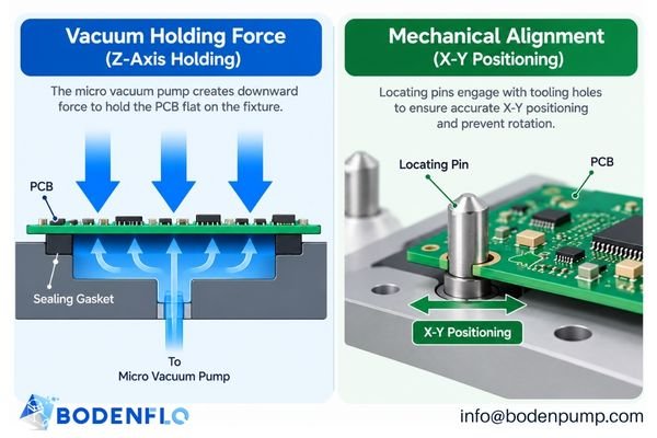 A comparison diagram showing arrows for vacuum holding force (Z-axis) vs. mechanical locating pins providing X-Y and rotational alignment.