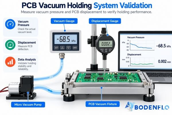 A photo of an engineering test bench where a PCB fixture is instrumented with vacuum sensors and displacement gauges for validation.
