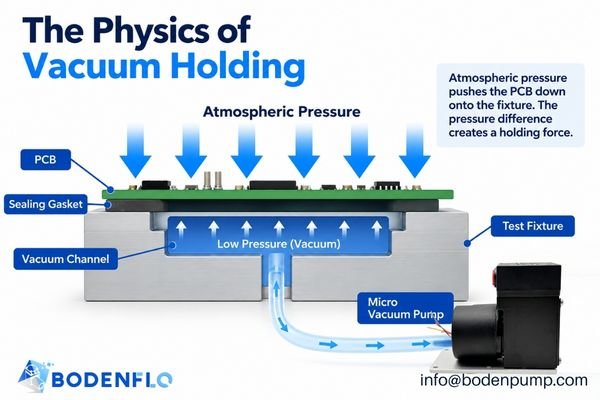 A detailed cross-sectional diagram of a PCB on a fixture, showing the gasket, vacuum channel, pump connection, and arrows indicating the pressure differential creating a downward force.