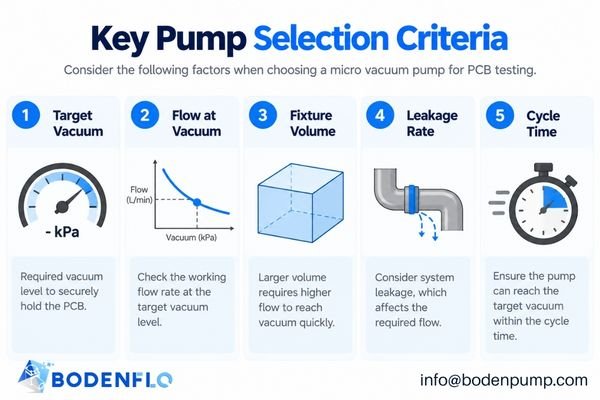 A checklist-style infographic showing key selection criteria: Operating Vacuum, Flow @ Vacuum, Fixture Volume, Leakage, Cycle Time, etc.