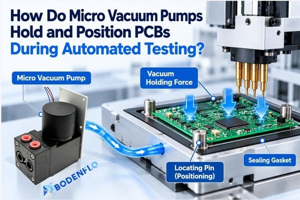 Micro vacuum pump connected to an automated PCB test fixture, showing vacuum holding force, locating pins, sealing gasket, and testing probes.