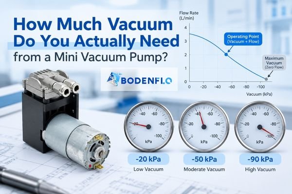 Mini vacuum pump vacuum level guide comparing -20, -50 and -90 kPa with pressure-flow operating point