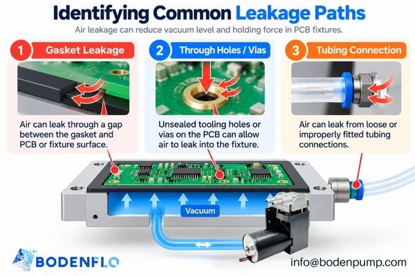 A schematic diagram highlighting potential leakage paths in a fixture: around the gasket, through an unsealed via, and at tubing connections.